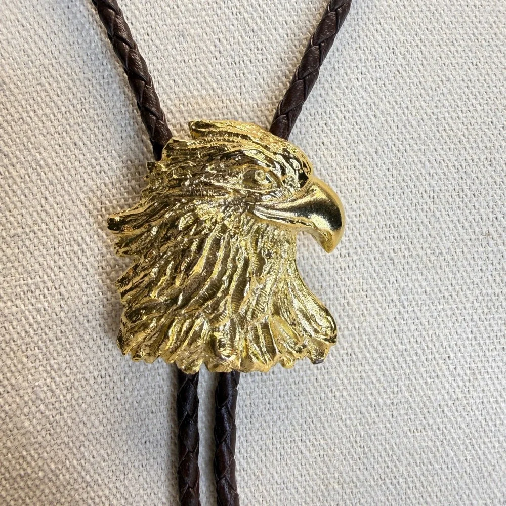 Vintage Eagle Head‎ Bolo Tie Braided Brown Cord Western Americana Gold Tone